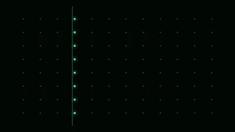 A digital grid background featuring glowing light dots on a dark surface Stockbeeldmateriaal 338309852