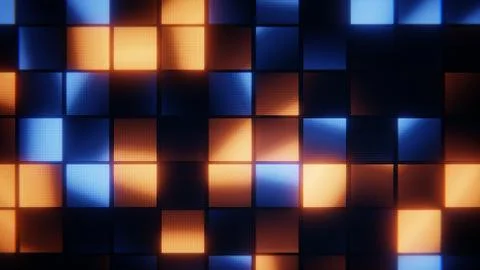 Digital grid background with glowing blue and orange squares creating a retro Stock Illustration
