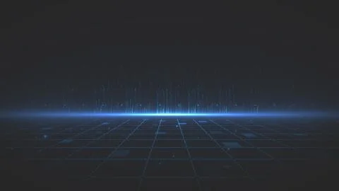 Digital grid with blue light and data streams, modern technology background, Ilustración de archivo