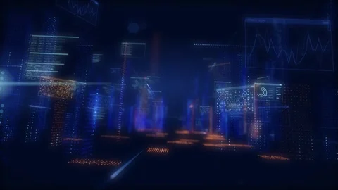 Digital Grid Data Cyberspace Low Angle Abstract AI Network Nodes Blue Orange Stock Footage 348347006