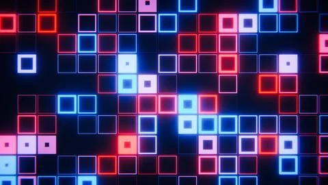 Digital grid displaying dynamic squares in red and blue neon colors Stock Photos