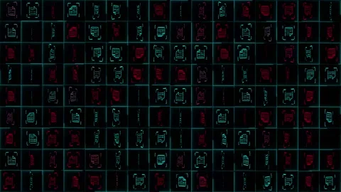Digital grid of document icons and data files in blue and red. concept of cl Stock Footage 333629679