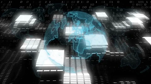 Digital grid emerging and sparking holographic globe rotating with pulsing Stock Footage 312905522
