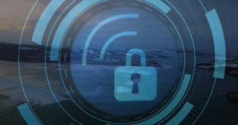 Digital grid fading in over coastal dusk initiating rotating rings scanning Stock Footage 317799296