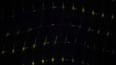 Digital Grid Flowing with Glowing Yellow Nodes on Purple Lines in Dark Space Stockbeeldmateriaal 343693950