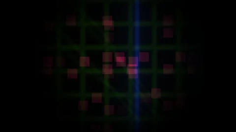 Digital Grid with Glowing Blue Vertical Lines and Red Pixel Blocks on Black.. Stock Footage 343693969