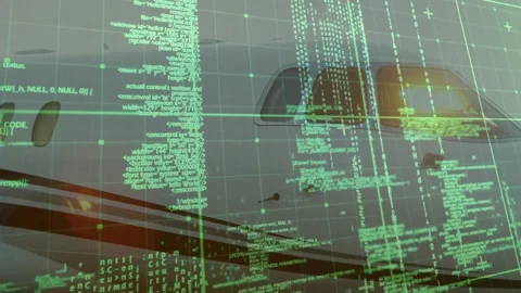 Digital grid initializing and scanning jet fuselage, scrolling code clustering Video stock 327585511