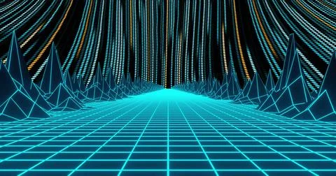 Digital grid landscape with glowing lines and dots, futuristic image Stock Photos
