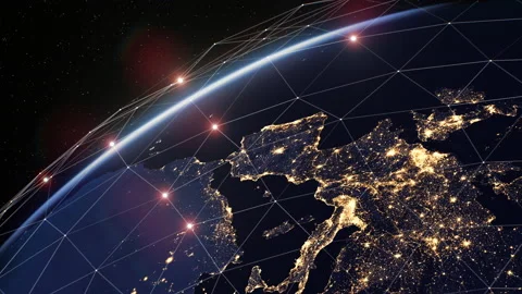 Digital Grid Over the Earth at Night. Beautiful Night Cities View from Space Stock Footage 219602249