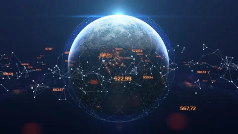 Digital Grid Over the Earth Sunrise. Internet connection by satellites. Global Stock Footage 147458088