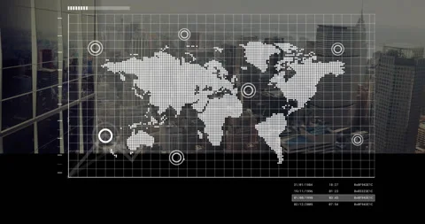 Digital grid overlay and data points on world map with cityscape background Stock Footage 305727908