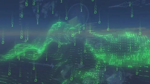 Digital grid responding to data, undulating and lighting as falling binary Stock Footage 332900003