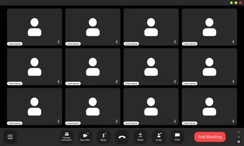 A digital grid shows multiple user placeholders in a virtual meeting, indic.. Stock Illustration