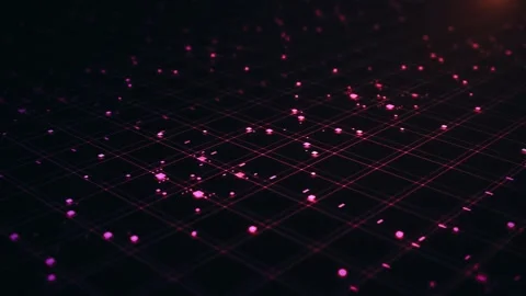 Digital grid surface with glowing pink squares floating around Stock Footage 327510786