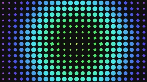 A digital grid of vibrant blue and green neon geometric shapes on black Video stock 335117375