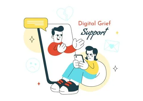 Digital Grief Support Illustration Featuring Online Counseling, Emotional W.. Stock Illustration