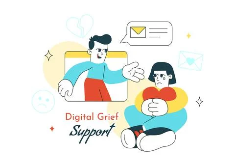 Digital Grief Support Illustration Featuring Online Counseling, Emotional W.. Stock Illustration