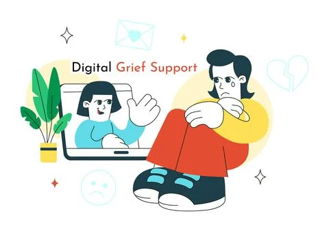 Digital Grief Support Illustration Featuring Online Counseling, Emotional W.. Stock Illustration