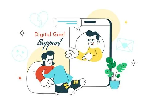 Digital Grief Support Illustration Featuring Online Counseling, Emotional W.. Stock Illustration