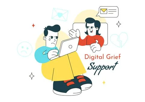 Digital Grief Support Illustration Featuring Online Counseling, Emotional W.. Stock Illustration