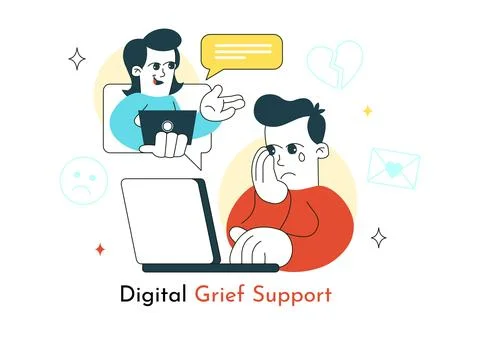 Digital Grief Support Illustration Featuring Online Counseling, Emotional W.. Stock Illustration