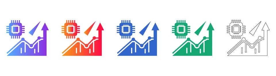 Digital Growth and Microchip Analysis Icon Set Stock Illustration
