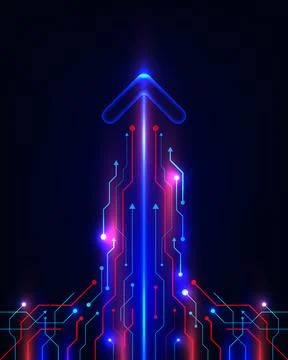 Digital growth technology background with glowing blue neon arrow rising re.. Illustrazione stock