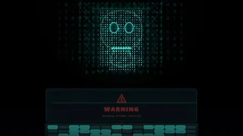 Digital hacker face made of binary code with warning alert on computer screen 库存影片 341823829