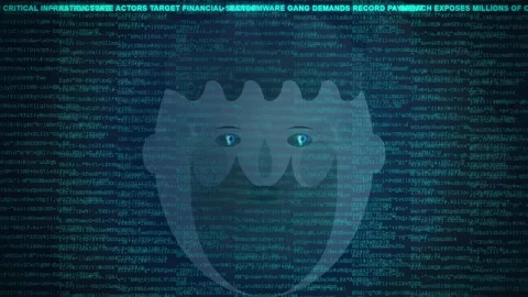Digital Hacker Mask Overlay with Scrolling Computer Code and Cyber Security Видео 341834335