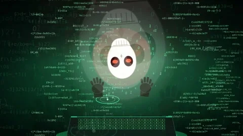 Digital hacker skull animation with scrolling computer code on a dark green Stock Footage 341829289