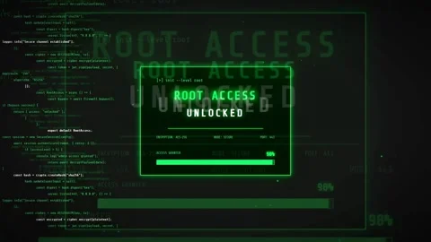 Digital hacking interface with green computer code and root access unlocked Stock Footage 336780308