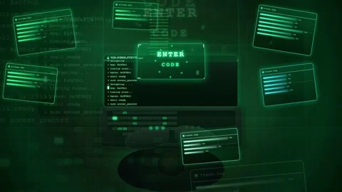 Digital hacking interface with green scrolling code and secure login access Stock Footage 343155777