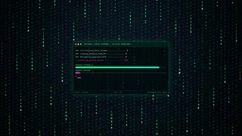Digital hacking interface with loading progress bars over falling green binary Video stock 345761823