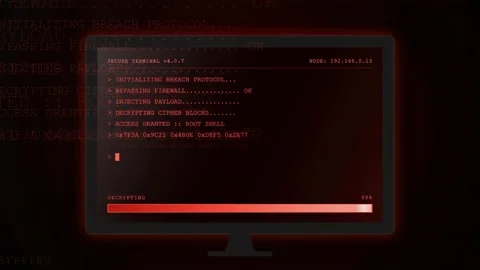 Digital hacking interface with red security alert and data decryption progress Stock Footage 343166576
