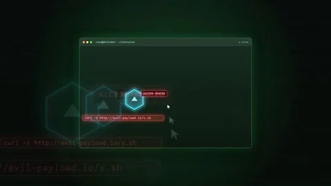 Digital hacking interface with scrolling code and terminal window on dark green Stock Footage 341826910