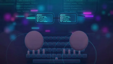 Digital hacking interface with scrolling code and futuristic data displays on a 스톡 동영상 341831245