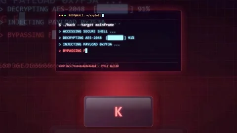 Digital hacking interface with scrolling code and access granted notification Stock Footage 343156117