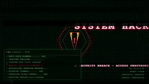 Digital hacking interface with scrolling code and security breach warnings on a Stock Footage 345752838