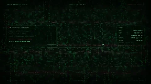 Digital hacking interface with scrolling code and access granted notification Stock-Footage 345756424