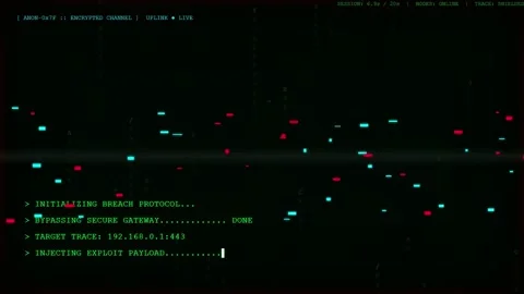 Digital hacking interface with scrolling code and unauthorized access warning Vidéo 345763422