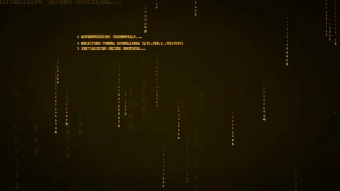 Digital hacking interface with scrolling golden computer code and data Stock Footage 336775934