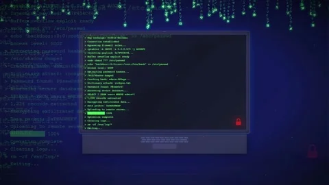 Digital hacking interface with scrolling green code and security breach warning Stock Footage 336776928