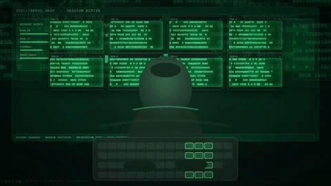 Digital hacking interface with scrolling green code and data processing on a 스톡 동영상 341830865