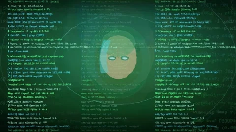 Digital hacking interface with scrolling green computer code and futuristic Stock Footage 343152166