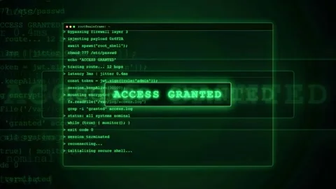 Digital hacking interface with scrolling green computer code and access granted Stock Footage 343154711