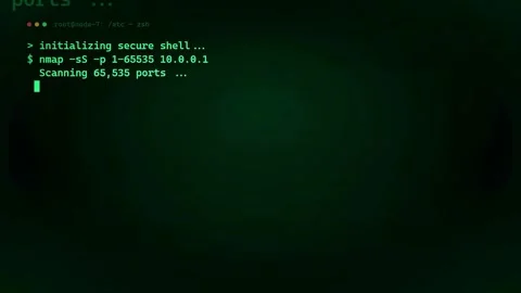 Digital hacking interface with scrolling green code and network scanning on a Stock Footage 343155257