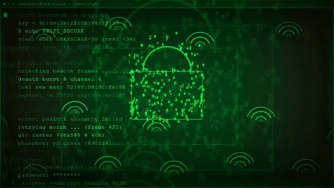 Digital hacking interface with scrolling green computer code and futuristic hud Video stock 343158425