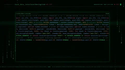 Digital hacking interface with scrolling green computer code on a black screen Stock Footage 345761220