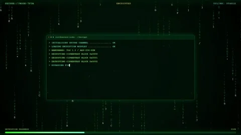 Digital hacking interface with scrolling green code and data decryption on a Stock Footage 345765655