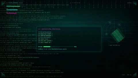 Digital hacking interface with scrolling green code and futuristic data Stock Footage 345765772